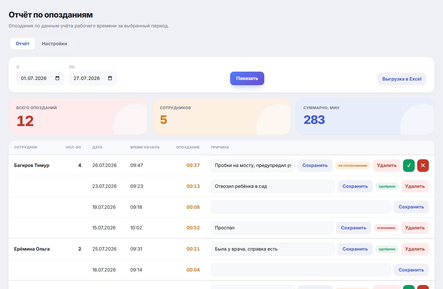 Отчёт по опозданиям — интерфейс приложения, экран 2