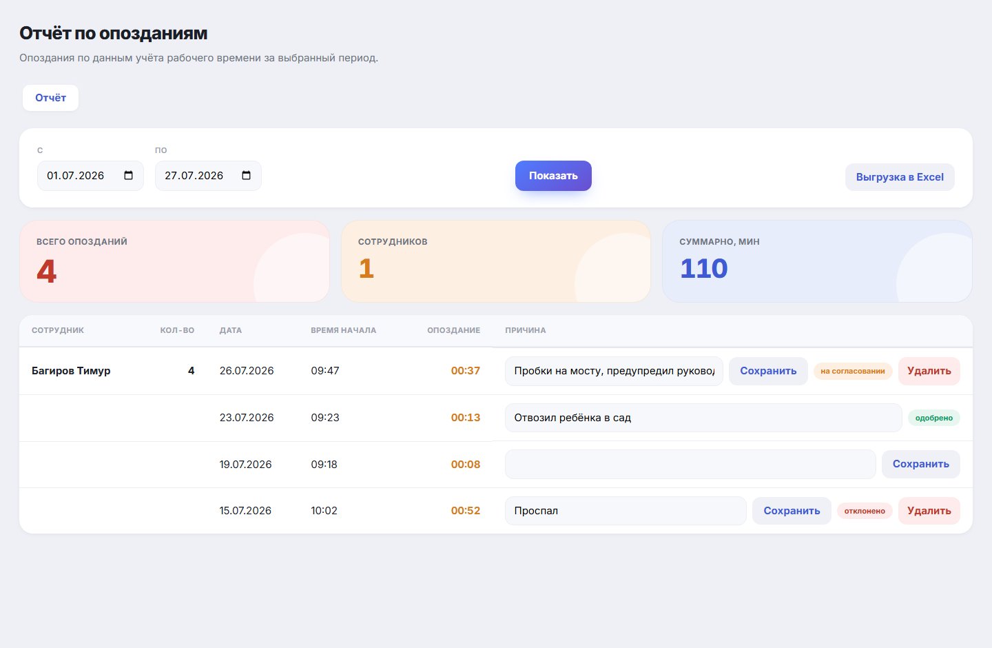 Отчёт по опозданиям — интерфейс приложения, экран 3